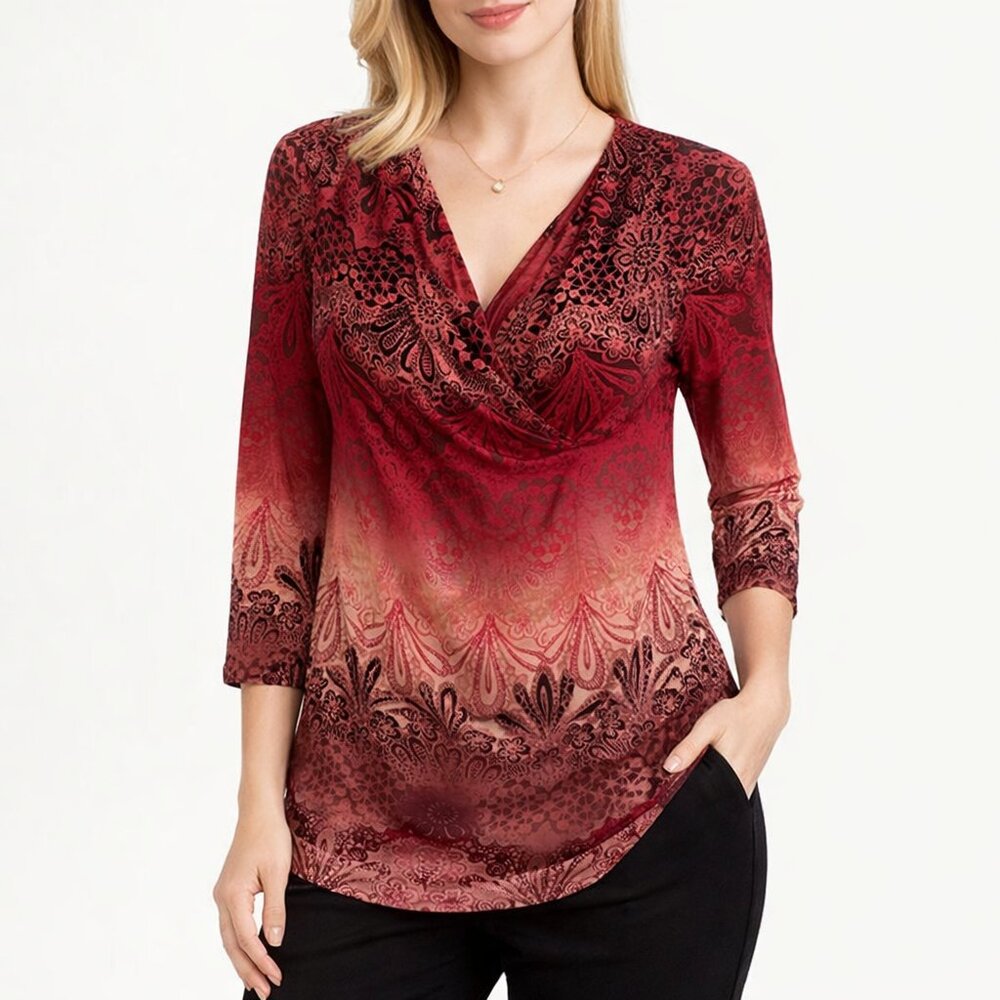 Gradient Paisley Tunic Top Women’s Red Pink V Neck 3/4 Sleeve Blouse